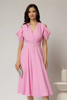 Rochie midi roz din voal in clos cu decupaje la umeri si cordon in talie imagine