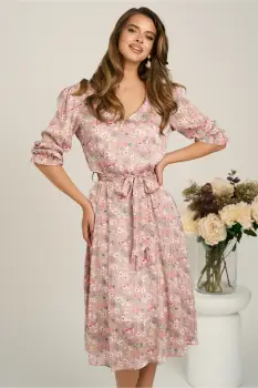 Rochie midi roz din voal in clos cu flori si cordon in talie imagine