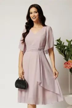 Rochie midi roz din voal in clos cu glitter si accesoriu in talie- Viada imagine