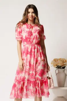 Rochie midi roz din voal in clos cu imprimeuri florale fucsia imagine