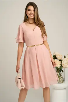 Rochie midi roz din voal in clos cu volane la maneci si curea in talie imagine