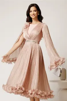 Rochie midi roz din voal satinat in clos cu floare la bust si curea din strasuri in talie imagine