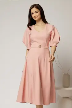 Rochie midi roz eleganta cu fusta clos, decolteu adanc in V si maneci bufante imagine