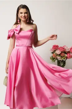 Rochie midi roz in clos din tafta cu funda la umar imagine