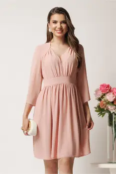 Rochie midi roz in clos din voal cu pliuri la bust- LaDonna imagine
