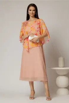 Rochie midi roz somon cu voal cu imprimeuri oranj imagine