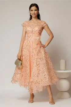 Rochie midi roz somon de ocazie din dantela cu paiete si perle imagine
