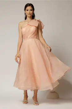 Rochie midi roz somon din organza cu pietre strass si funda ampla pe umar imagine