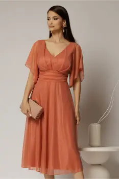 Rochie midi roz somon din voal cu sclipici si decolteu in V imagine
