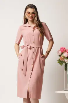 Rochie midi roz tip camasa cu nasturi si cordon in talie imagine