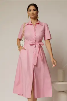 Rochie midi roz tip camasa din poplin cu cordon in talie imagine