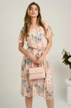 Rochie midi somon din voal cu imprimeuri floreale bleu si cordon in talie imagine