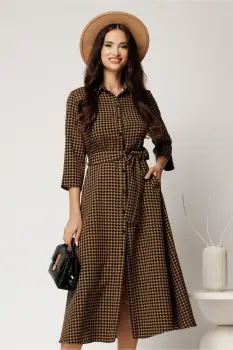 Rochie midi tip camasa maro cu imprimeuri pepit si curea in talie imagine