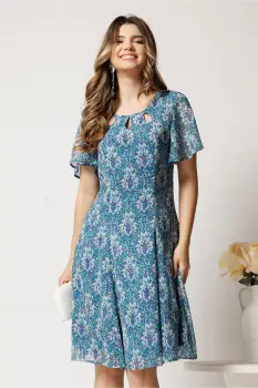 Rochie midi turcoaz cu mov din voal in clin cu fir lurex si decupaje la decolteu imagine