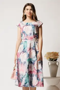 Rochie midi turcoaz cu roz in clos cu buzunare si curea in talie imagine