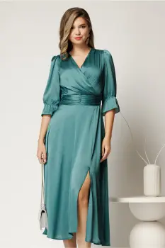 Rochie midi turcoaz de ocazie din voal cu crapatura pe picior imagine