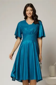 Rochie midi turcoaz de ocazie din voal cu sidef si decolteu in V imagine