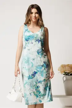 Rochie midi turcoaz din lycra cu croi drept si imprimeu floral imagine