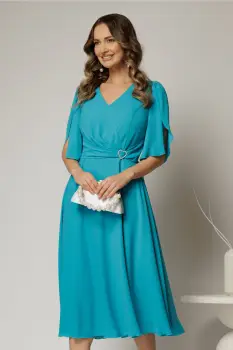 Rochie midi turcoaz din triplu voal cu decolteu in V imagine