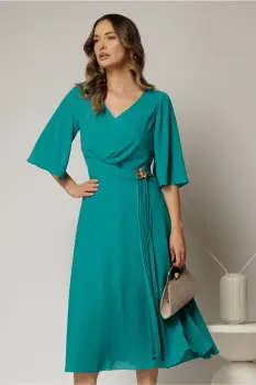 Rochie midi turcoaz din triplu voal cu decolteu in V si maneci scurte evazate imagine