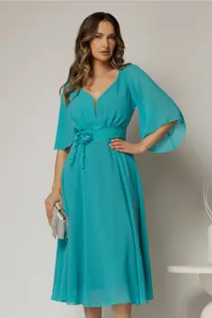 Rochie midi turcoaz din triplu voal cu detalii pe talie si decolteu in V imagine