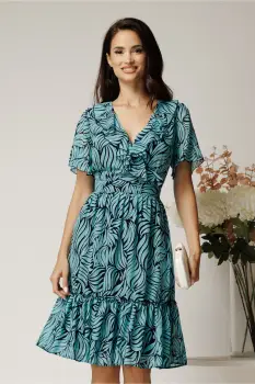 Rochie midi turcoaz din voal cu imprimeu si volane imagine