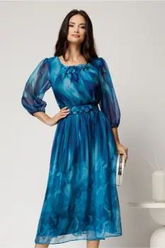 Rochie midi turcoaz din voal cu imprimeuri albastre si cordon cu flori in talie imagine