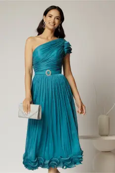 Rochie midi turcoaz din voal peliculizat cu volanase pe fusta imagine