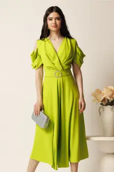 Rochie midi verde crud din voal in clos cu decupaje la umeri si cordon in talie-LaDonna imagine