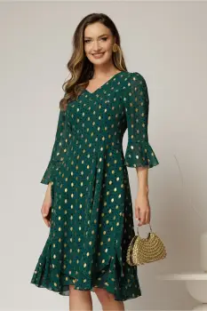 Rochie midi verde cu buline aurii din voal cu croi lejer si decolteu in V imagine