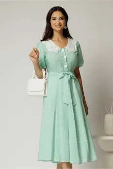 Rochie midi verde cu buline de zi si guler brodat imagine