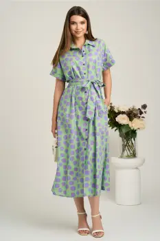 Rochie midi verde cu buline lila din viscoza in clini cu nasturi si cordon in talie imagine