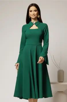 Rochie midi verde cu guler tip camasa si decupaj la decolteu imagine