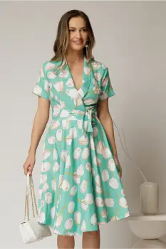 Rochie midi verde cu imprimeu cu aspect petrecut si cordon in talie imagine