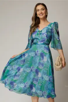 Rochie midi verde cu imprimeuri si fundite pe bust imagine