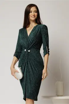 Rochie midi verde de ocazie cu fir lurex si perla in talie imagine