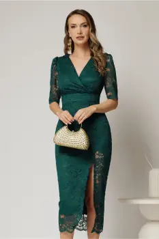 Rochie midi verde de ocazie din dantela conica si decolteu petrecut imagine