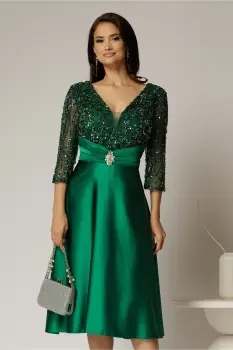 Rochie midi verde de ocazie din tafta si bustul cu paiete si dantela imagine