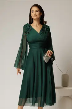 Rochie midi verde de ocazie din tull cu aplicatii la umeri si decolteu petrecut imagine
