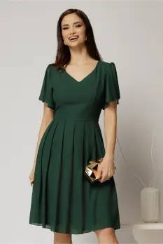 Rochie midi verde de ocazie din voal cu decolteu in V si pliuri pe fusta imagine