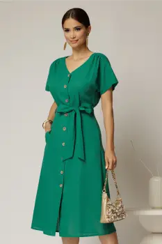 Rochie midi verde de zi din in tip camasa cu manecile scurte imagine