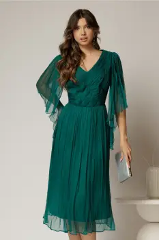 Rochie midi verde din matase clos si decolteu V imagine