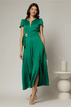 Rochie midi verde din satin cu aplicatie in talie si decolteu adanc imagine