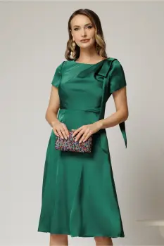 Rochie midi verde din satin cu funda pe umar si fusta clos imagine