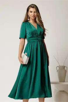 Rochie midi verde din satin cu talie marcata imagine