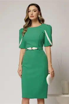 Rochie midi verde din stofa cu croi conic si detalii ivory la maneci imagine