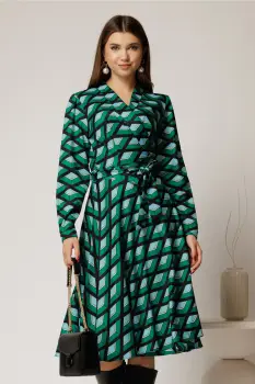 Rochie midi verde din stofa petrecuta cu imprimeuri mov si cordon in talie imagine