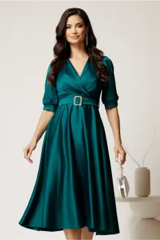 Rochie midi verde din tafta cu decolteu in V si cordon cu catarama imagine