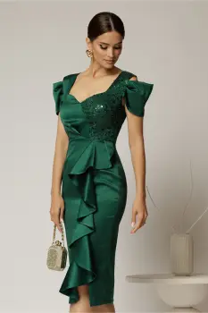 Rochie midi verde din tafta cu paiete si volanas pe fusta imagine