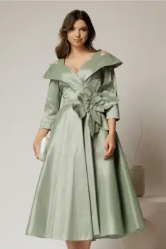 Rochie midi verde din tafta peliculizata cu floare ampla pe talie imagine